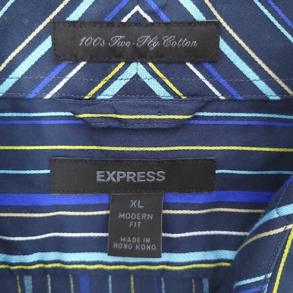 Express Modern Fit Long Sleeve Button Up Shirt Mens XL Blue Stripe Cotton - Picture 4 of 7